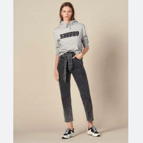 Sandro BLACK Fredd Crystal Embellished Belted Straight Leg Denim Jeans - Picture 1 of 3